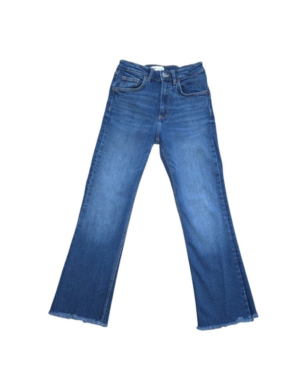 Zara Flared Jeans Womens Size 2 Blue High Rise Distressed Hem Denim Bootcut